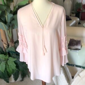 SX S NWOT T-TAHARI DRESSY TOP  BEAUTIFUL RUFFLES  ON SLEEVES TASSELS AND V NECK